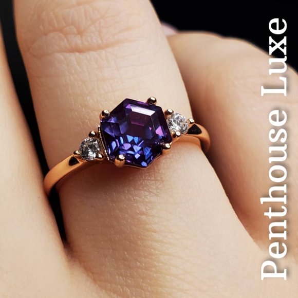 REAL 2ct Alexandrite Hexagon White Topaz Ring - Picture 2 of 7